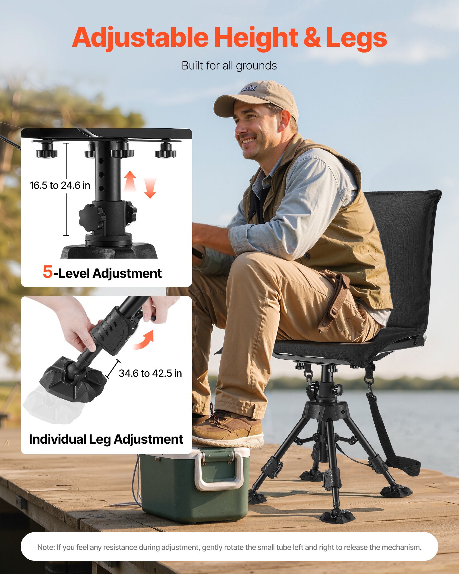 Silla de Caza Silenciosa 360°, Asiento Portátil Reclinable con Cadena de Soporte, Estructura de Acero Resista, Cubierta de Asiento Removible, Pies Antideslizantes, Ajuste de Altura, Capacidad 158 kg para Pesca — imagen 5