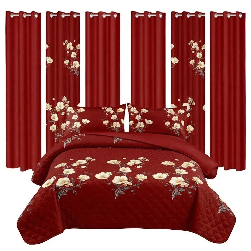 9-Piece Burgundy Red Floral Bedding & Curtain Combo Set, Elegant Wine Red Quilted Bedspread with 6 Light Filtering Window Panels & 2 Shams, Easy Care Microfiber Coverlet, Pet Friendly — image 10