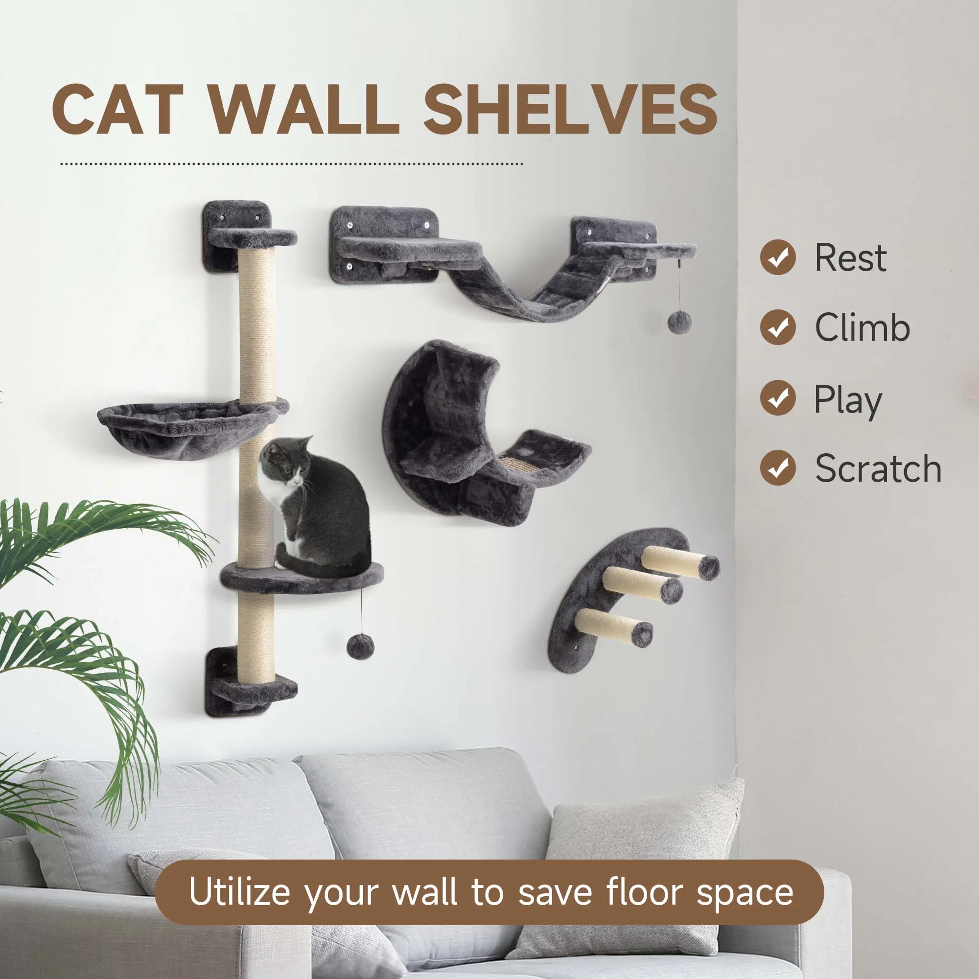 Cat Wall Shelf with Scratching Post, Play Balls, Platforms, Dark Grey — image 3