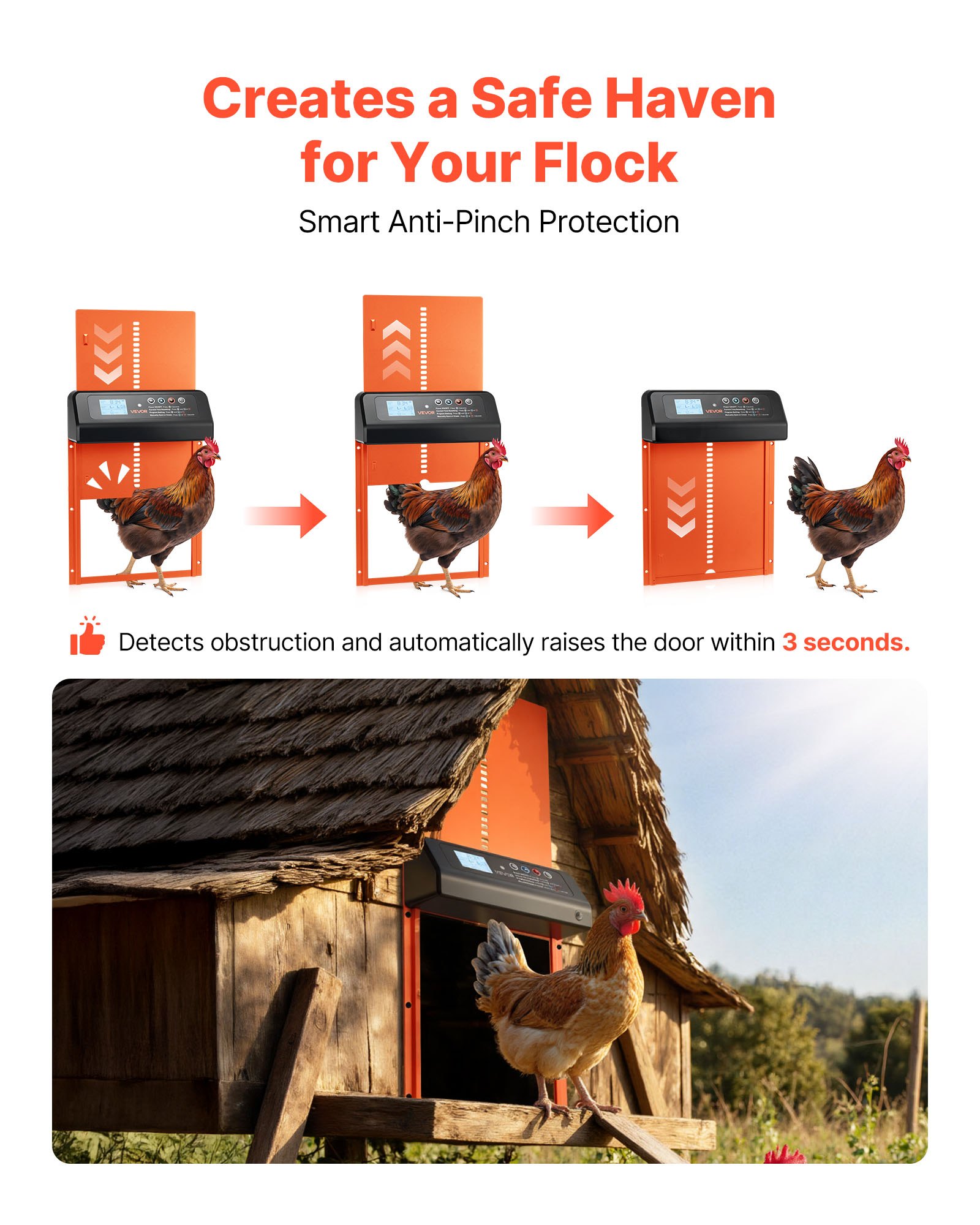 Puerta Automática para Gallineros con Energía Solar y Batería, Pantalla LCD, Control Remoto, Sensor de Luz y Programador, Protección Antiderrame, Puerta de Corral para Pollos de Aluminio, Naranja — imagen 5