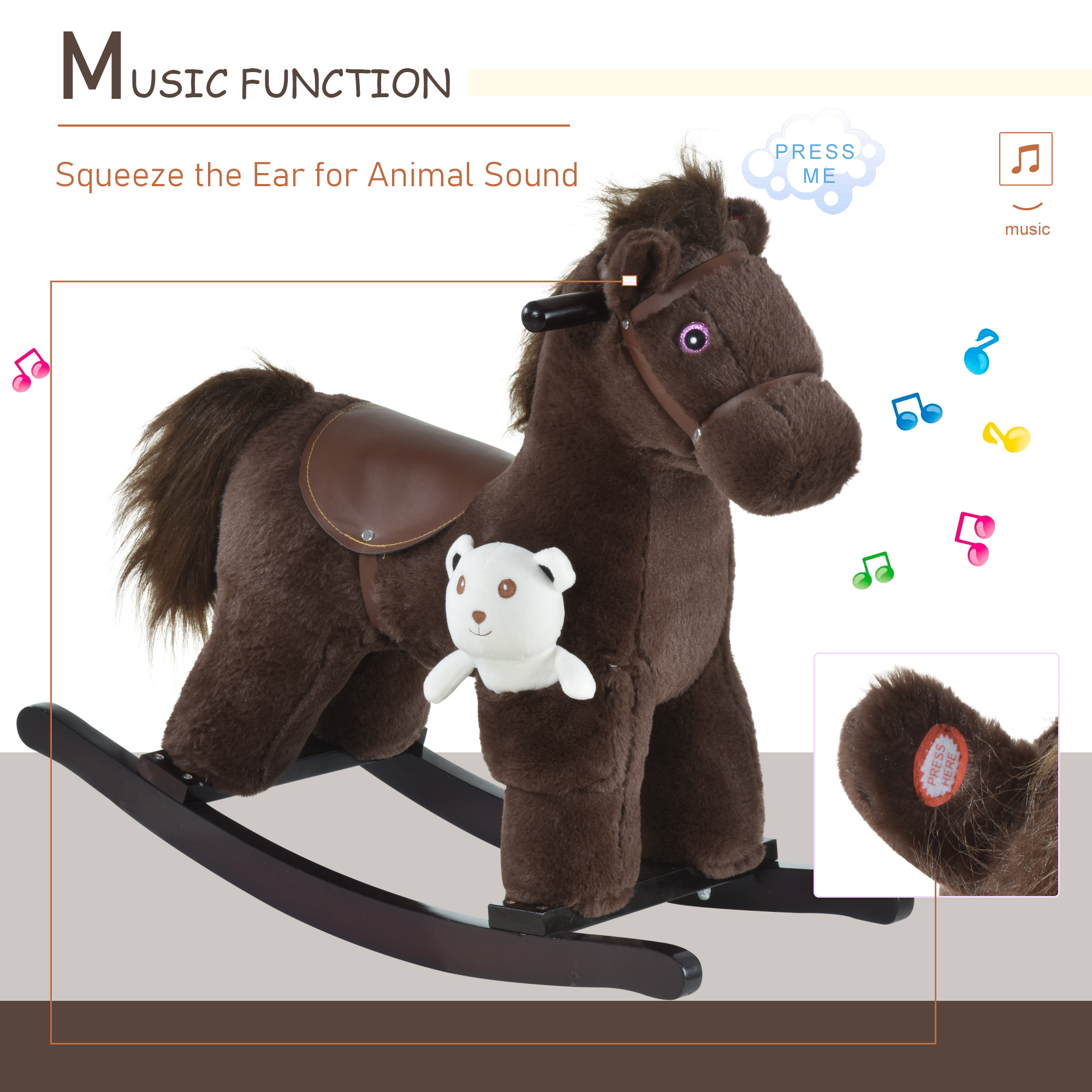 Kids Rocking Horse with Bear Toy, Plush Animal Rocker with Fun Realistic Sounds for Toddler 18-36 Months, Brown — image 8