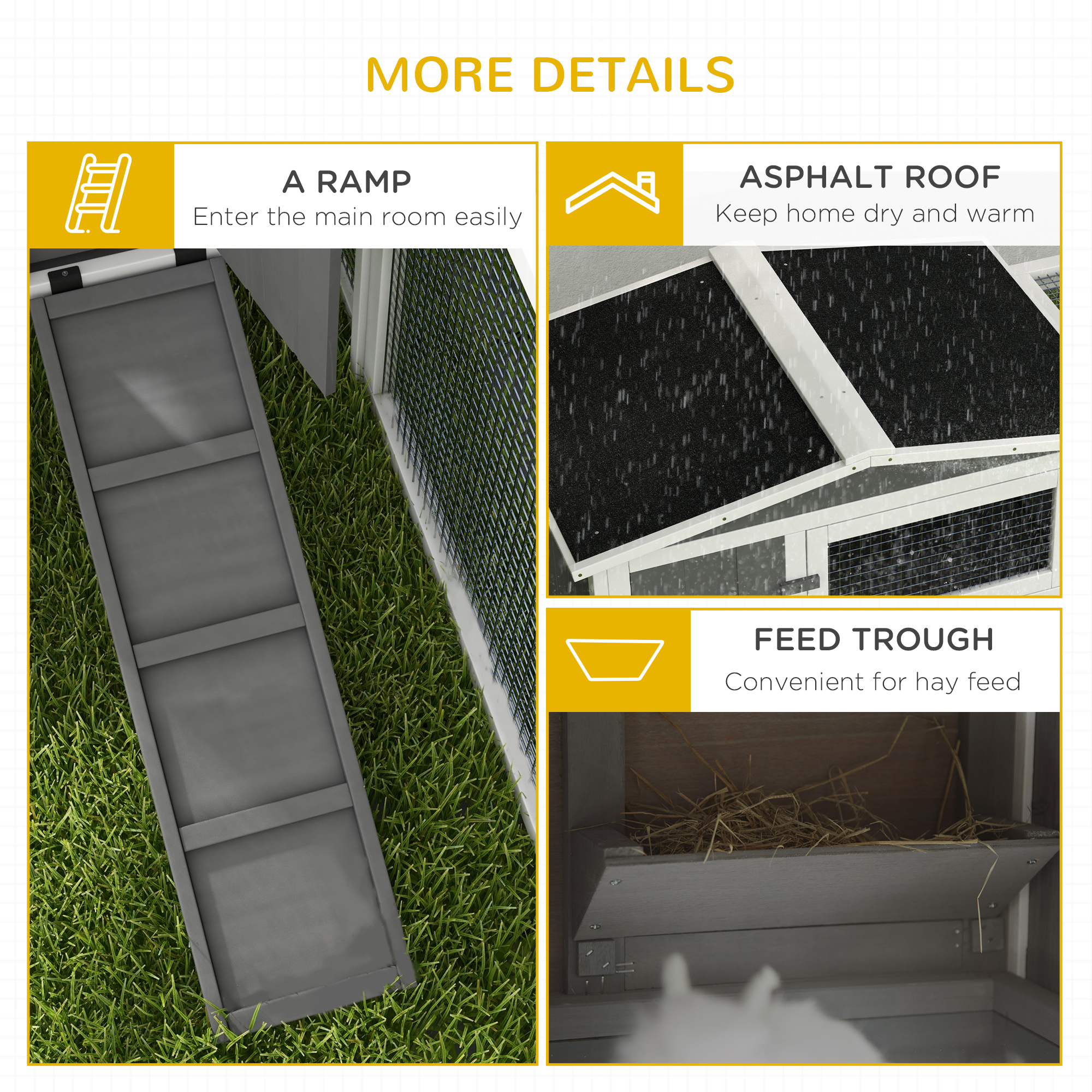 Caja para Conejos de 2 Pisos, Jaula para Conejos y Caviares, Casa para Animales Pequeños con Rueda de Deslizamiento, para Conejos, Pollos, Patos, 61.5" x 23" x 27", Gris Claro — imagen 6