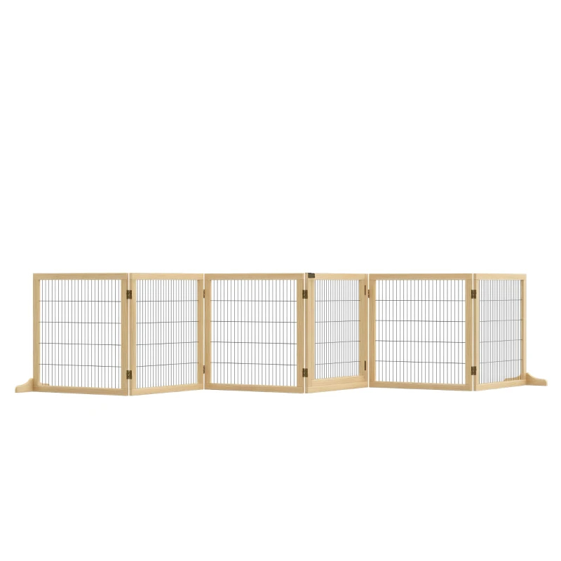 PawHut Wooden Pet Gate, 6-Panel Folding Dog Safety Barrier With Support Feet For Small & Medium Dogs, Natural Wood — image 9