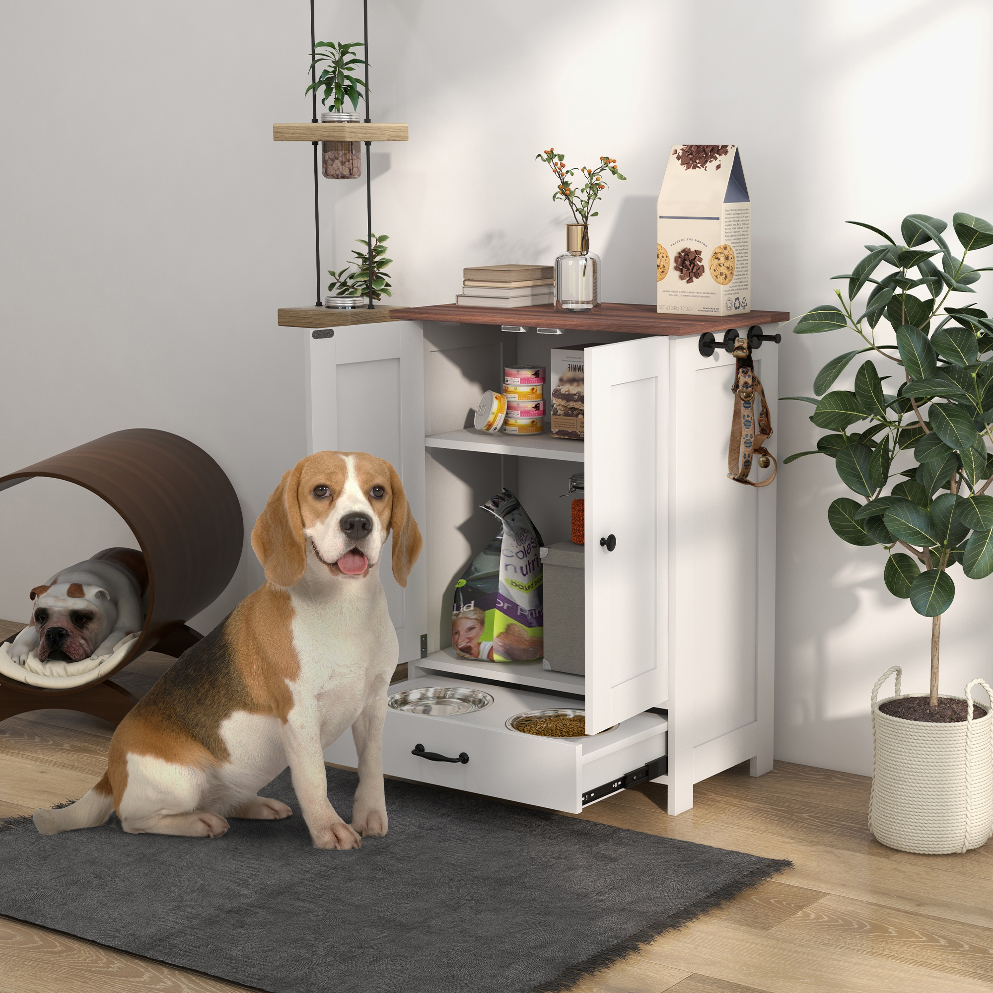 Pet Feeding Station, Dog Food Storage Cabinet w/ Raised Dog Bowls, Adjustable Panel, Hooks for Medium Dogs, White — image 4