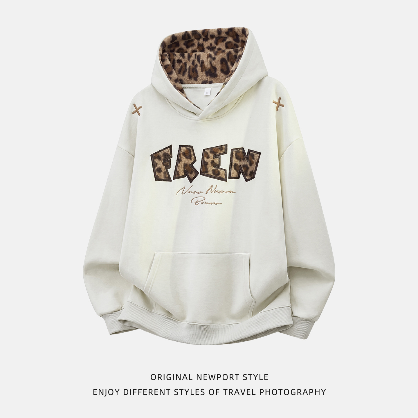 Heavyweight Texture Leopard Applique Hoodie for Men, Autumn Patchwork Casual Trendy Hooded Sweatshirt — image 4