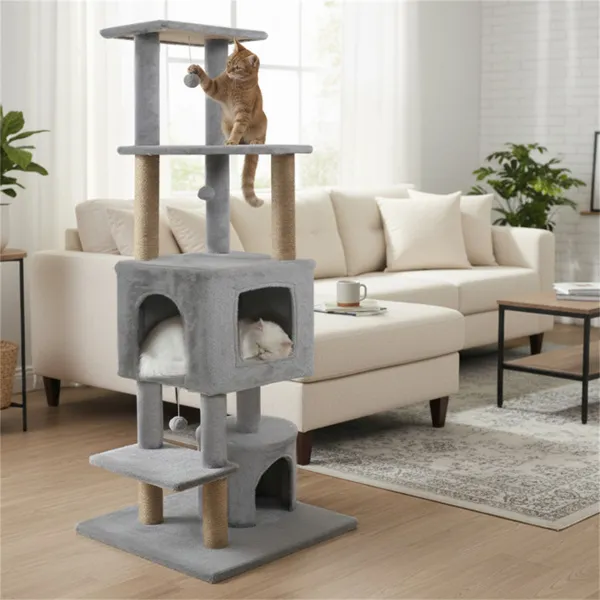 Torre para Gatos Gris Claro de 64" con Perchas de Peluche y 3 Bolas Colgantes, Postes Rascadores de Yute y Dispositivo Antivuelco para Hogares con Varios Gatos — imagen 5
