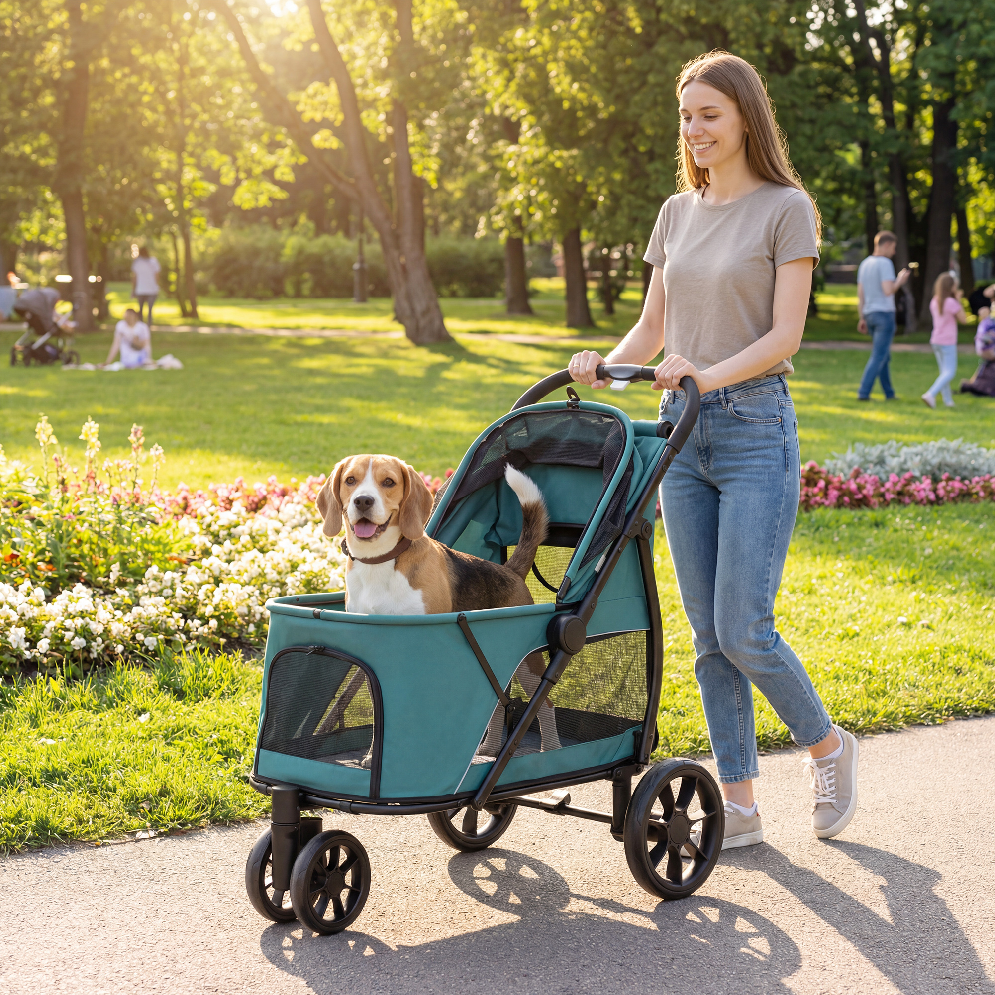 3 Wheel Pet Stroller with Easy One-Click Quick Fold, Mesh Window, Washable Cushion, for Medium Dogs, Dark Green — image 4
