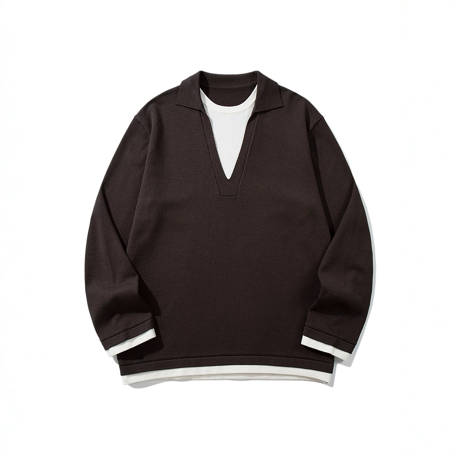 Color-Blocking Seagull Neck False Two-Piece Loose Knit Sweater Pullover — image 3
