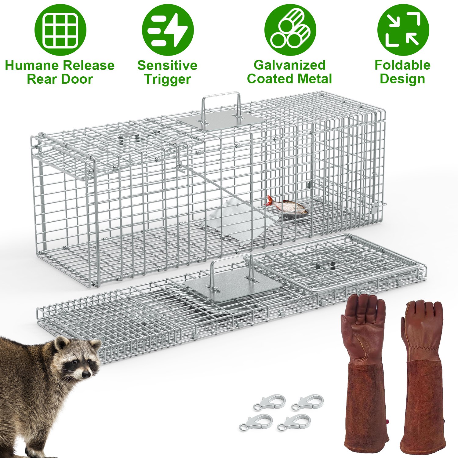 Humane Cat Trap Cage With Gloves Catch Release Live Animal Rodent Cage Collapsible Galvanized Wire For Raccoons Beavers Groundhogs Foxes Armadillos — imagen 5
