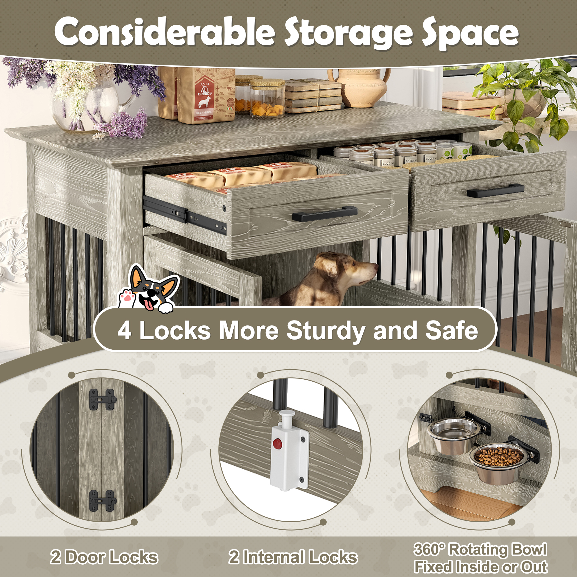 Jaula-Mueble Grande para Perro de 44.48", Caseta de Madera Interior para Perro, Mesa Auxiliar con 2 Gavetas de Almacenamiento y Tazones Giratorios, Jaula Decorativa para Perros Medianos, Gris — imagen 4