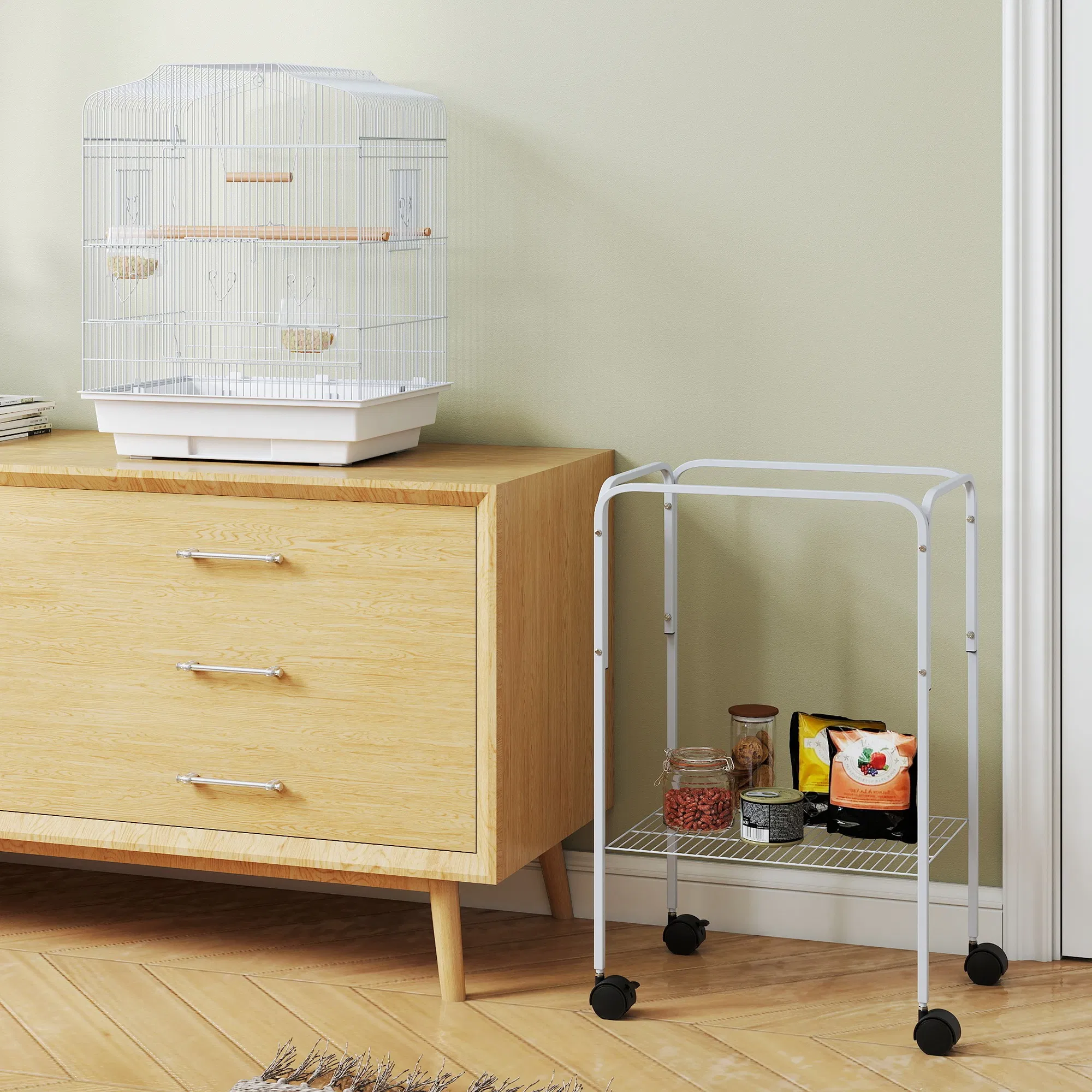 49" Rolling Bird Cage Cockatoo House Play Top Finch Pet Supply with Storage Shelf, Wheels - White — image 6