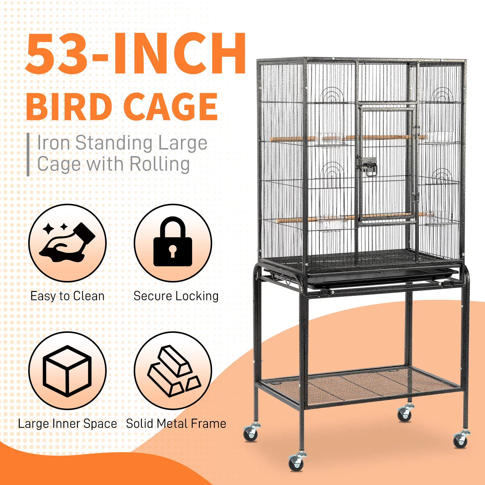 53" Large Flight Bird Cage with Rolling Stand & Storage Shelf for Parrots Lovebird Cockatiel Parakeets, Black — image 8