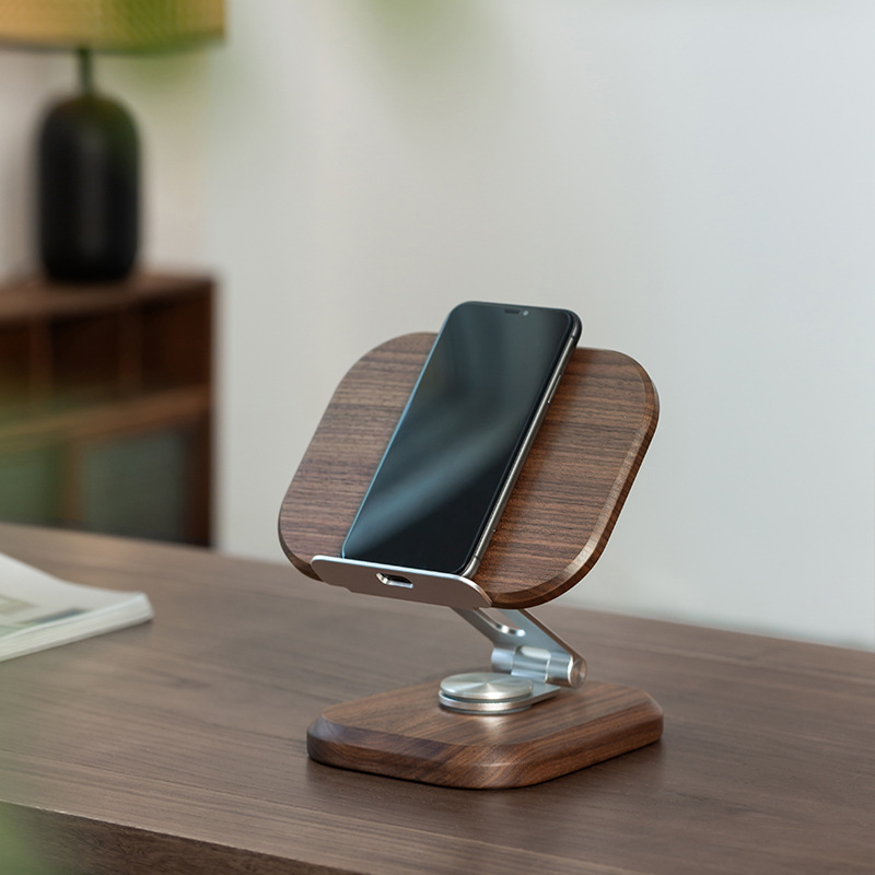Walnut Wood Tablet Stand, Desktop Office Gaming Chicken Eating Adjustable Rotating Fixed Phone Stand, Wooden — image 4