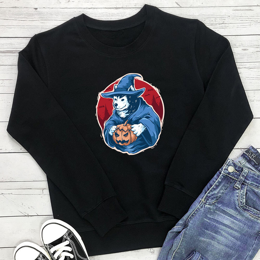 Pumpkin dog printed round neck long sleeved sweatshirt — image 3