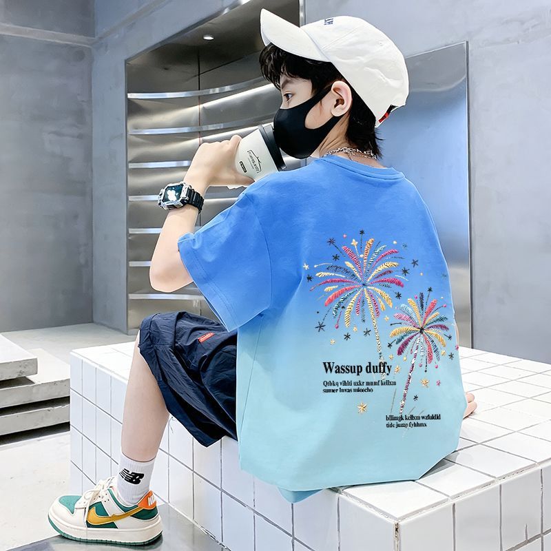 Genius Whale Boys' Short Sleeve T-Shirt New Style Mid to Large Kids Summer Cool Trendy Starry Pattern Casual Top T-Shirt — image 1