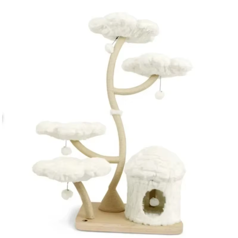 Árbol de gato moderno de madera con diseño floral, torre multi-plataforma y refugio acogedor, estructura de escalada lujosa para mascotas, poste de rascado — imagen 1