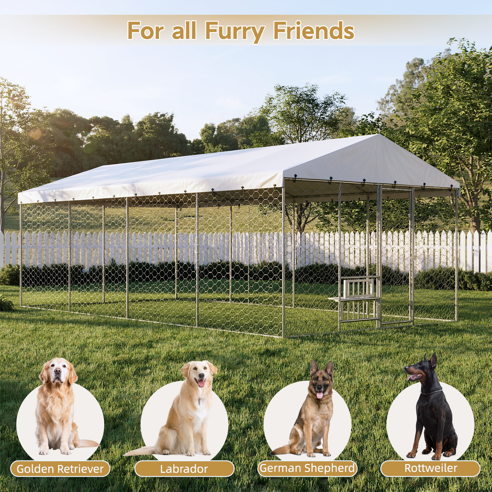 Casa de Perro Al Aire Libre Grande con Techo, Estructura de Acero Galvanizado Resistente, Cubierta Impermeable, Comodines Elevados para Alimentación Integrados, Jaula Segura y Bloqueo para Perros Grandes y Animales Múltiples — imagen 8