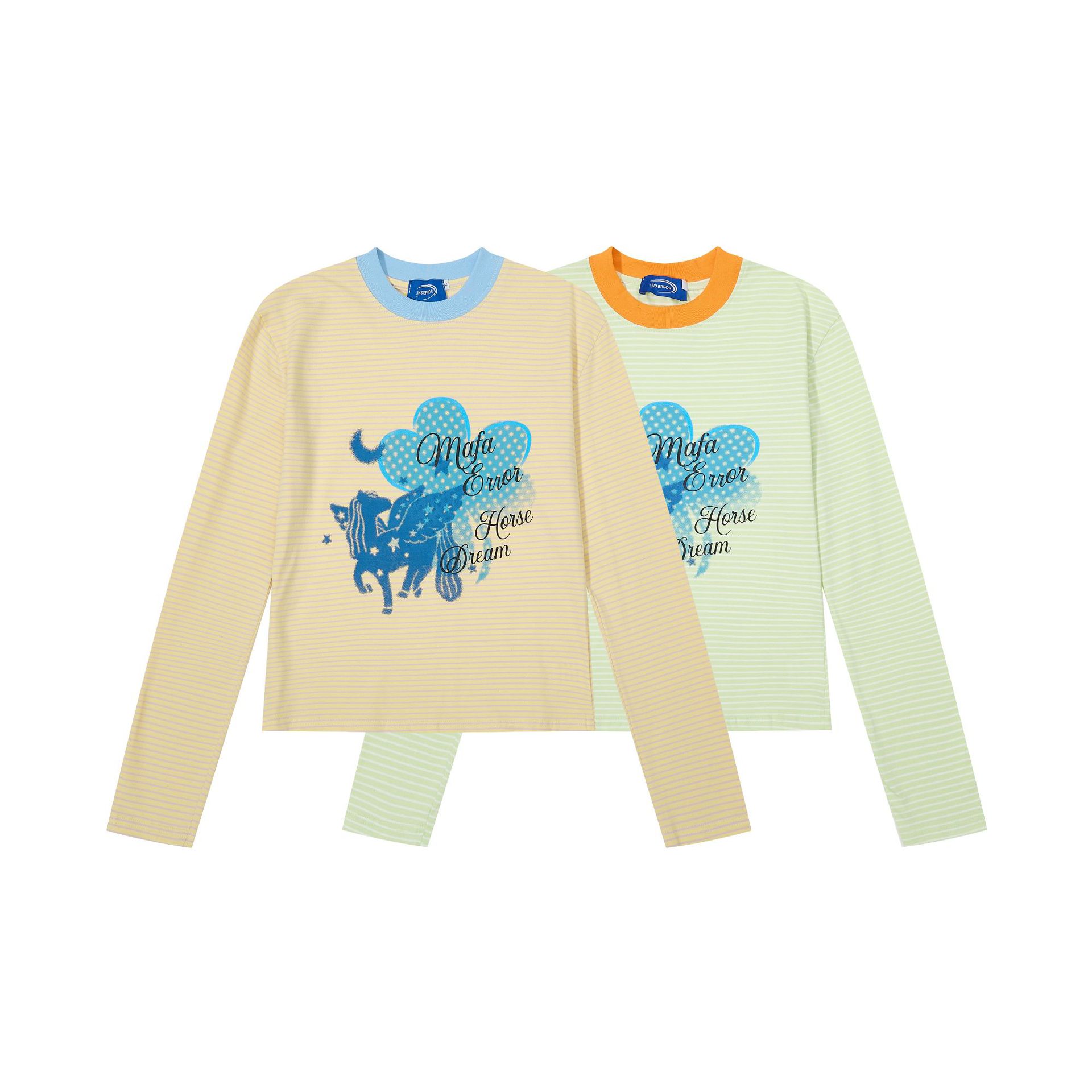 Women's Retro Long Sleeve T-Shirt - Dopamine Color-Block Striped with Cartoon Pony Print — imagen 5