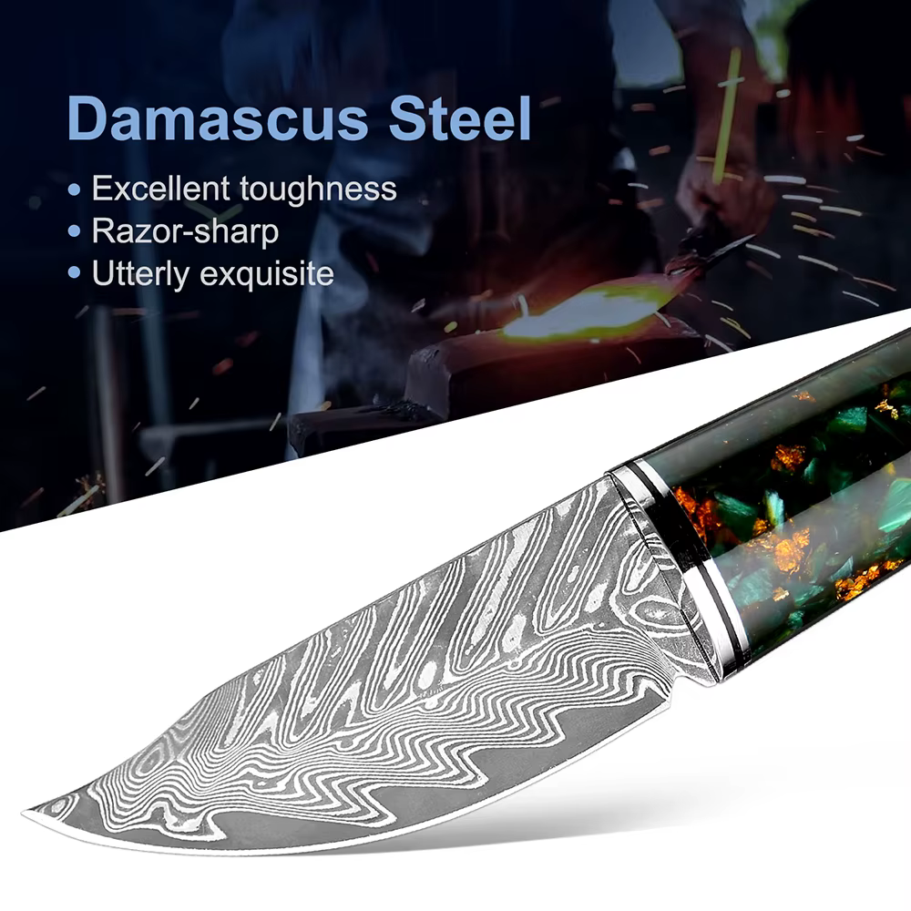 XITUO Outdoor Knife Damascus Steel Sharp Kitchen Paring Knife Camping Barbecue Cutting Knife With Resin Handle Leather Sheath — image 4