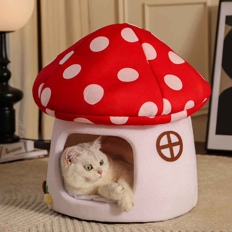 Red Umbrella Mushroom Cat House Dog Bed Winter Warm Closed-Style Cat House Pet Nest All-Season Universal for Cats and Dogs — image 6