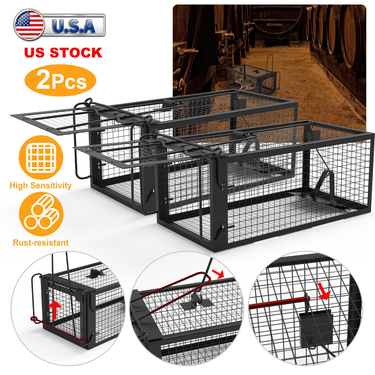 2 Pack Rat Trap Cage Humane Live Rodent Trap Cage Galvanized Iron Mice Mouse Control Bait Catch With Detachable U Shaped Rod — imagen 1