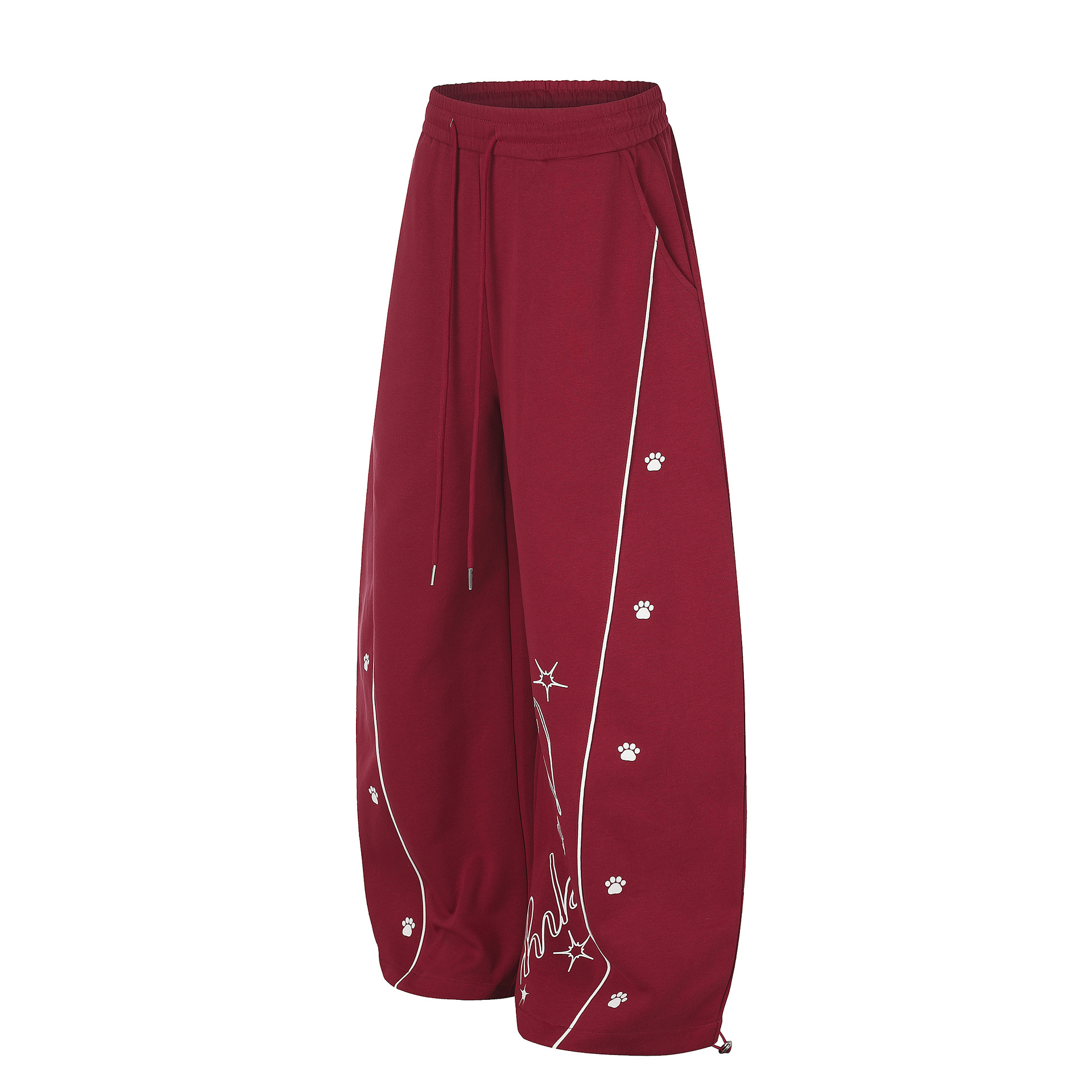 Wide Leg Sweatpants with Paw Print Letter Embroidery Elastic Drawstring Waist Casual Pants — image 3