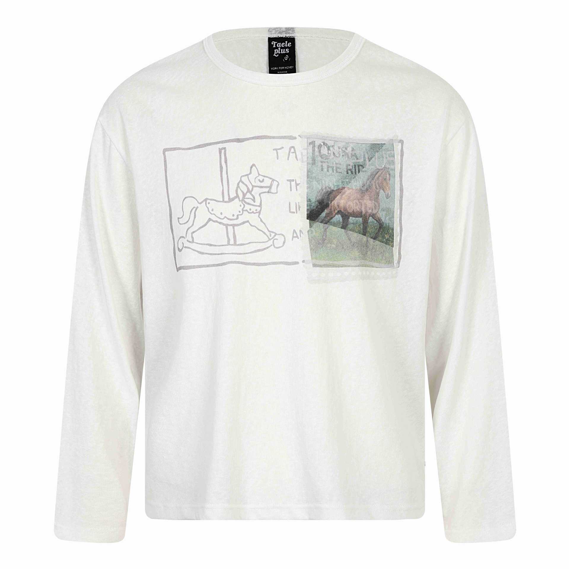 Trendy Wooden Horse Stamp Print Loose Long Sleeve T-Shirt — image 2