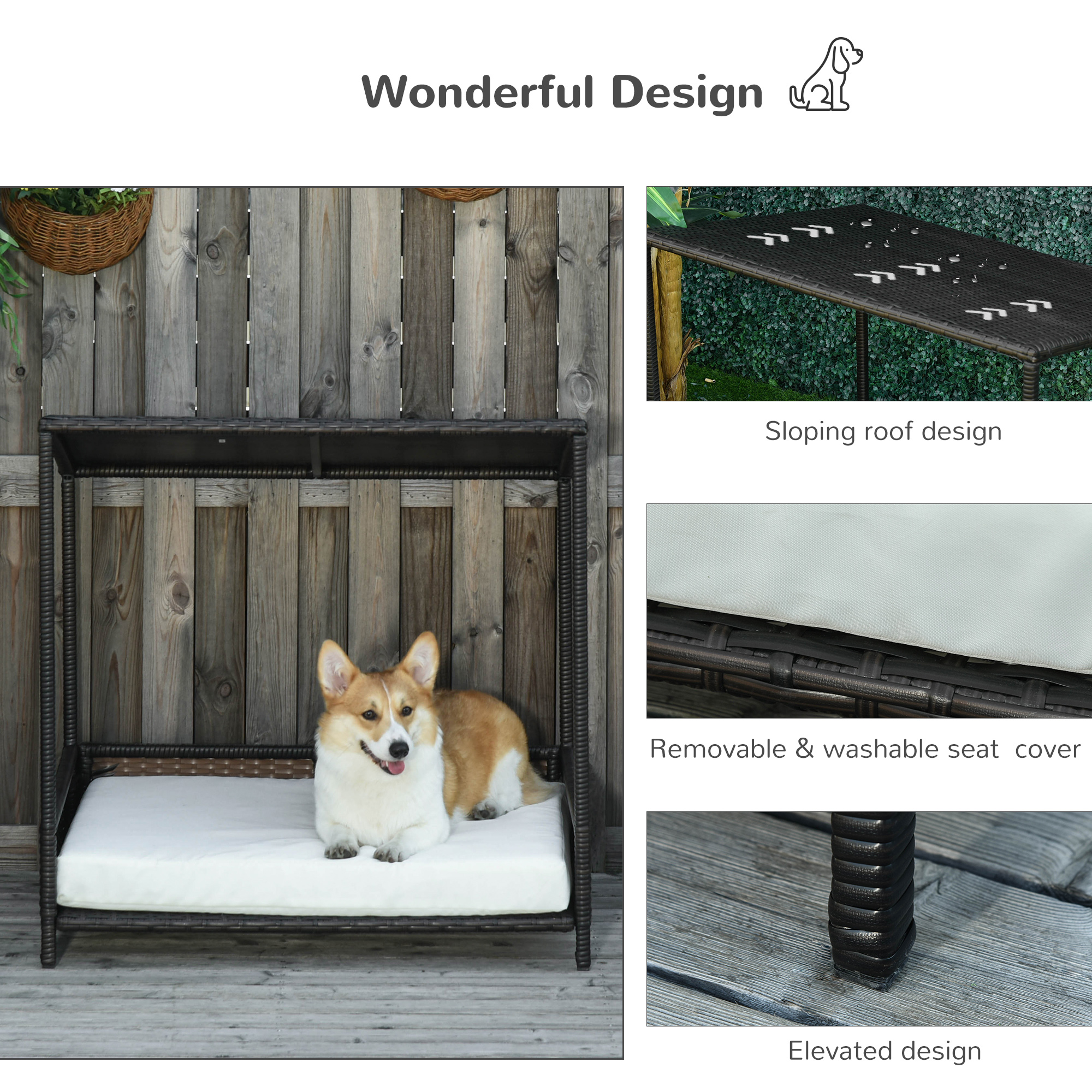 Wicker Dog House Raised Rattan Puppy Bed Cat Shelter For Indoor Outdoor Garden Patio Pet Sofa With Removable Cushion For Medium Sized Pet Brown — imagen 4