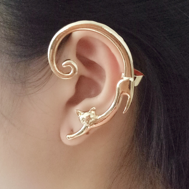 Single Piece Punk Style Cat Post Earring with Ear Cuff Rock Animal Black Stud Earring — image 9