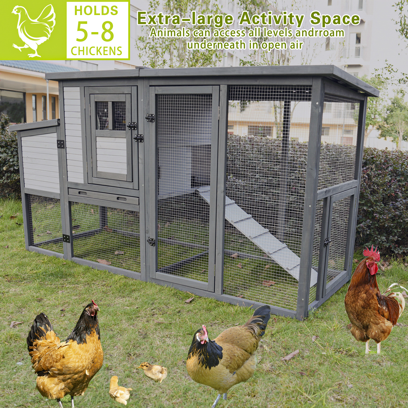 79Large Chicken Coop With Upgraded Perches, Wooden Outdoor Chicken Cage With Large Nesting Box, Weatherproof Open Asphalt Roof & Removable Bottom, Duck House, Rabbit Hutch — image 4