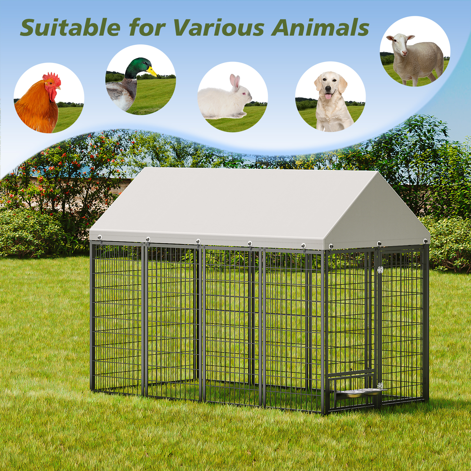 Casa para Perros Grande Exterior Jaula de Animales Cárcel de Mascotas Metal con Techo Cubierta. 7.94'L x 4.13'W x 5.95'H — imagen 5