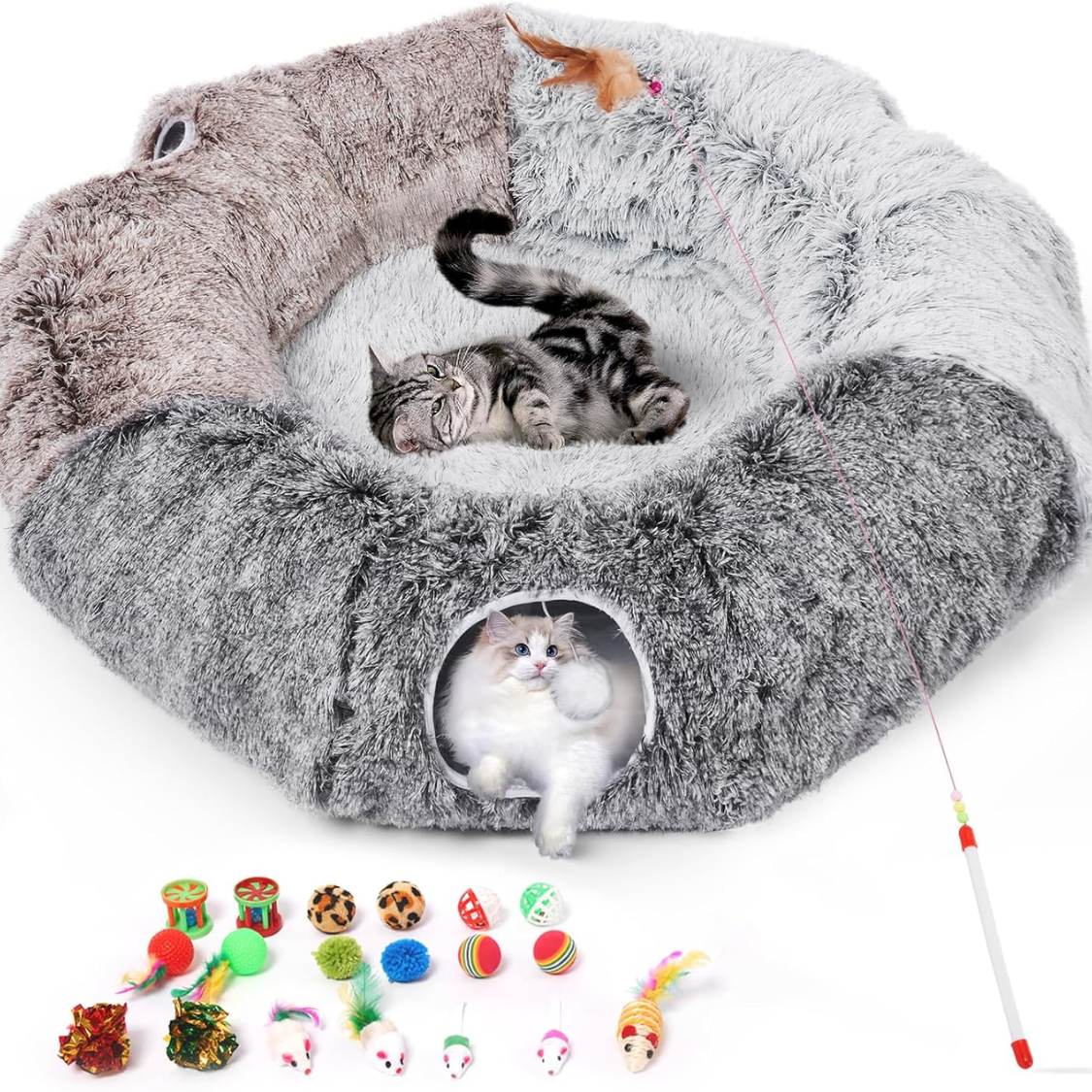 Túneles para Gatos Grandes para Hogares - Colchón Cálido y Túnel de Cueva con 20 Juguetes para Mascotas, Túnel en Dona y Conjunto Variedad de Juguetes para Kitten — imagen 1