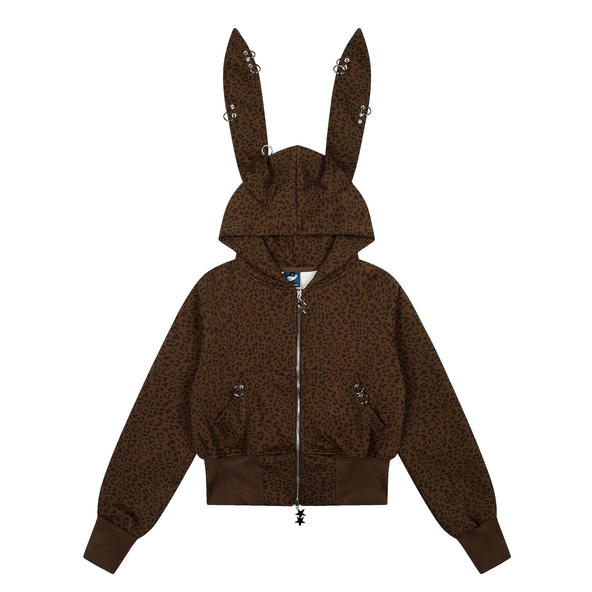 Sweet Cool Leopard Print Hooded Crop Sweatshirt with Metal Ring Detail High Waist Jacket — image 4