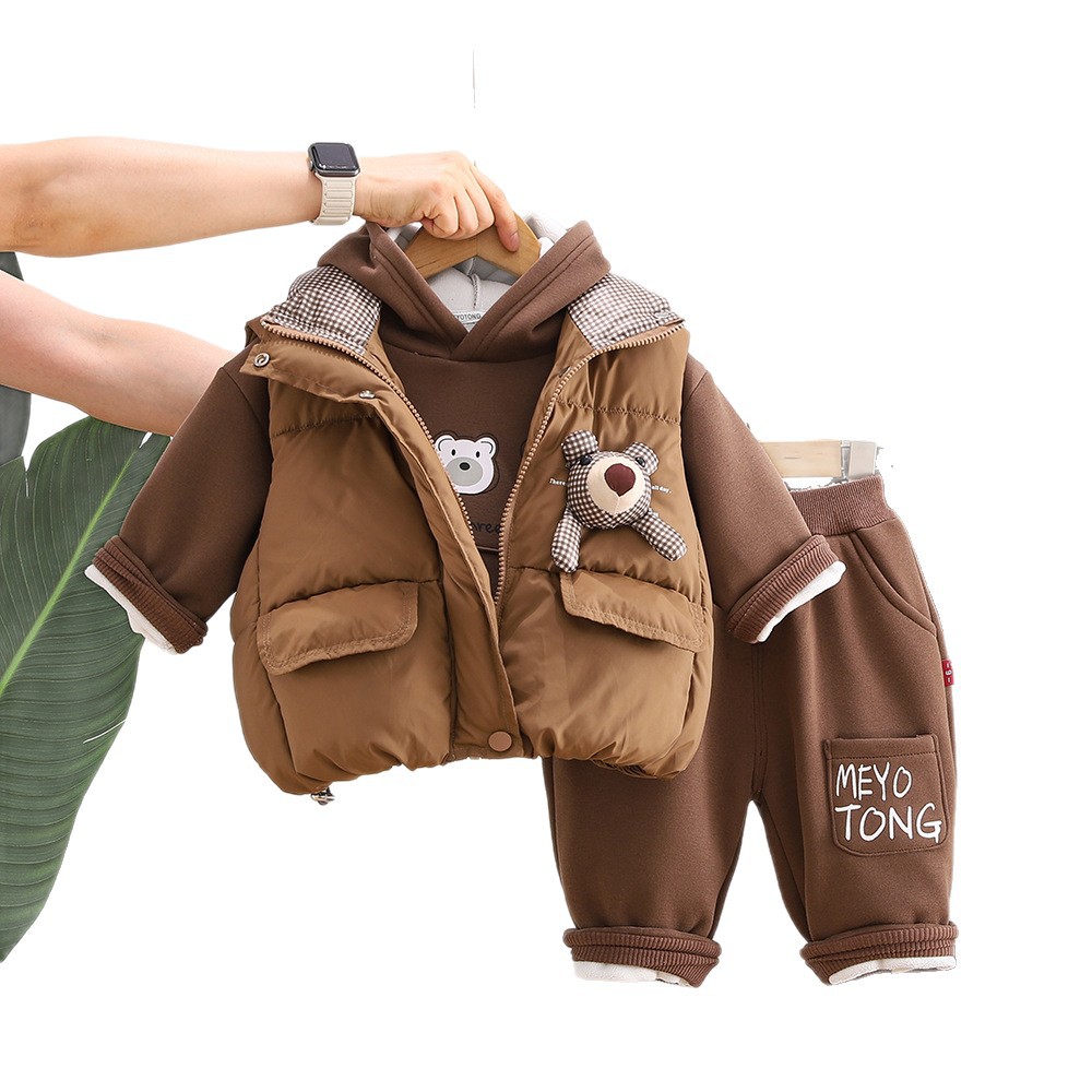 Unisex Kids Winter Fleece-Lined Hoodie Sweatshirt Thickened Bear Head Cotton Vest 3-Piece Set — image 6