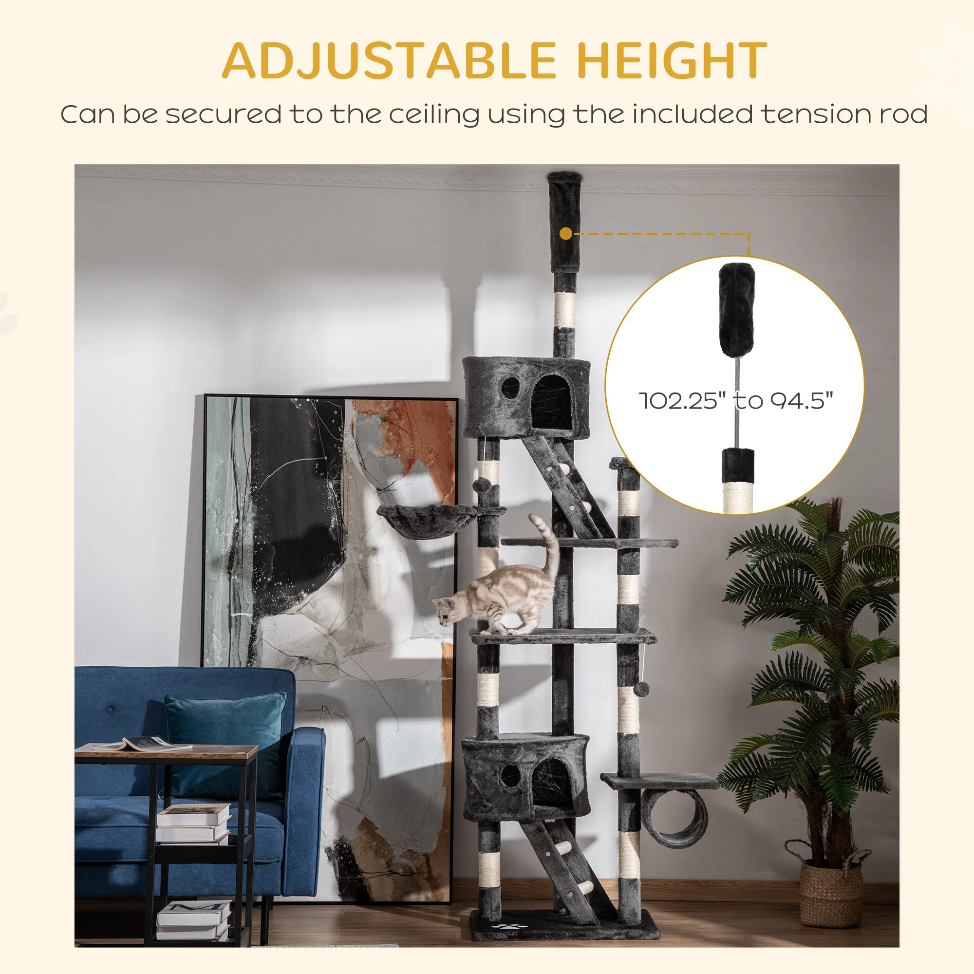 94"-102" Floor to Ceiling Cat Tree High Cat Condo Scratching Post Activity Center Multi-Level Play House Dark Grey — image 3
