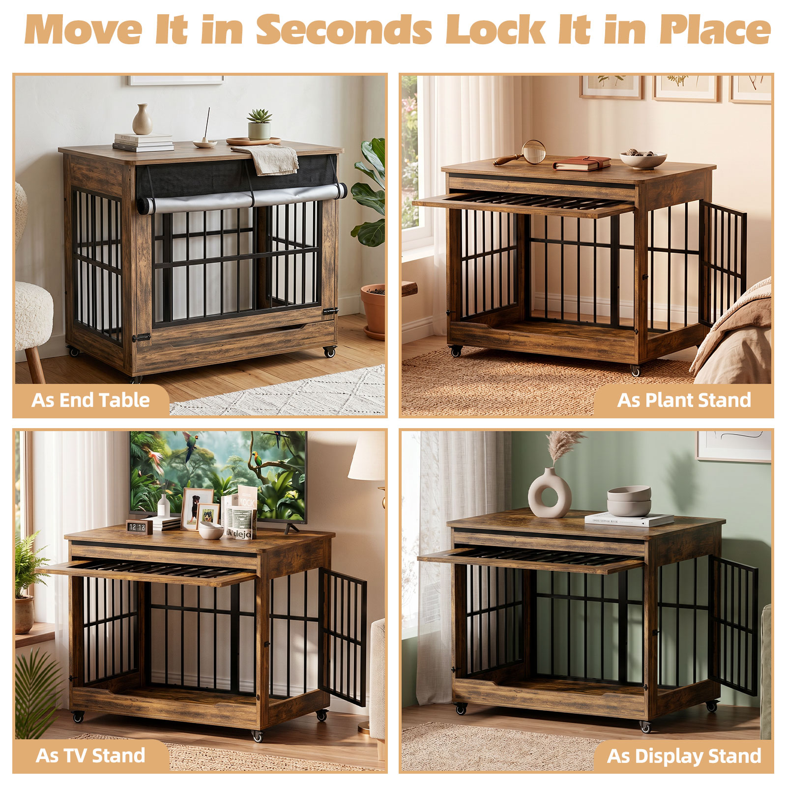 Large Dog Crate Furniture, Double Door Wooden Indoor Dog Kennel Furniture, Decorative Pet Cage End Table With Wheels For Extra Large Breed Dogs, Size 2XL, Greige — image 11