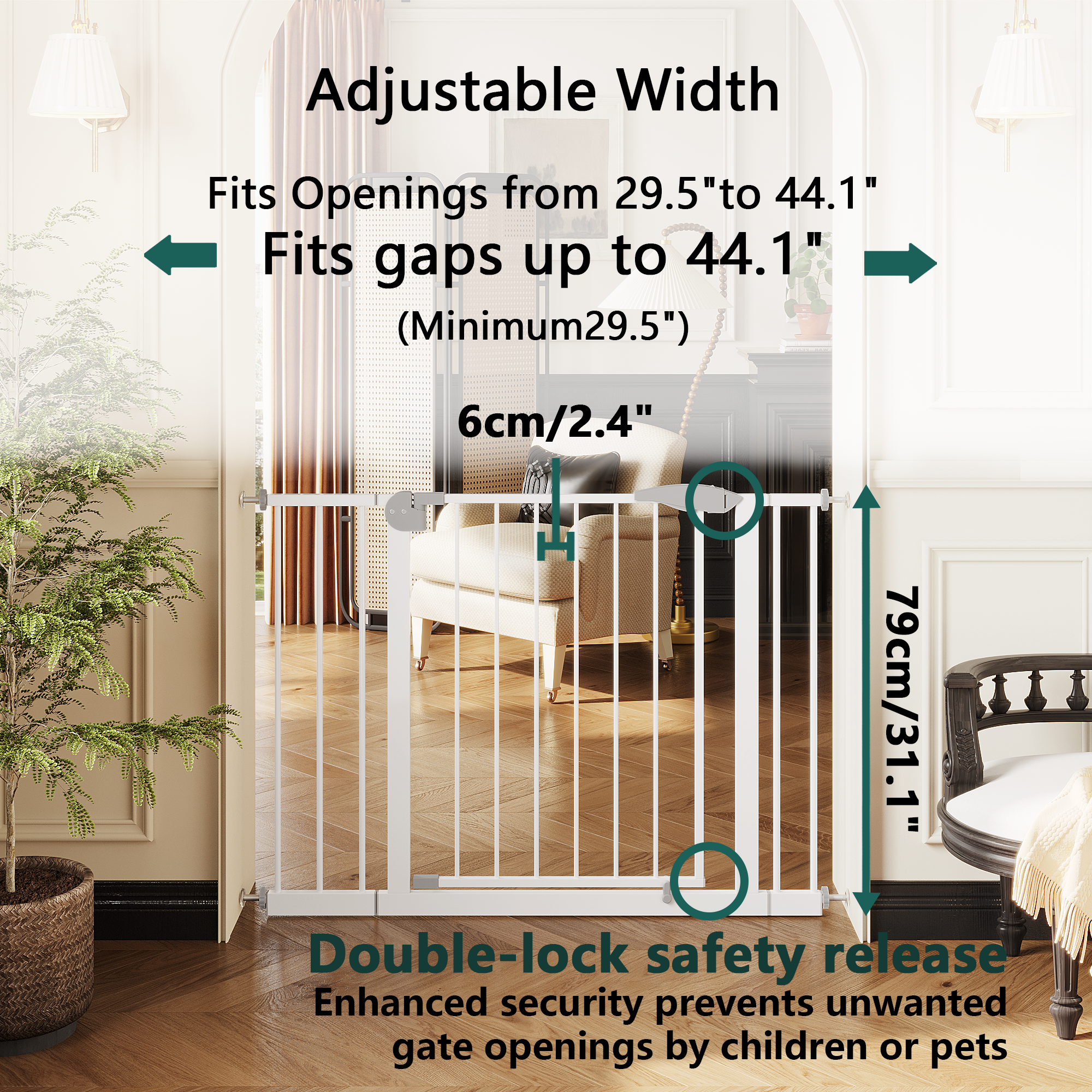 2 Pack 29.5-44.1" Wide Baby Gate for Stairs, Dog Gate Indoor for Doorways, No Drilling Pressure Mounted Pet Gates for Kids, Easy Walk Through Safety Gate, White — image 3