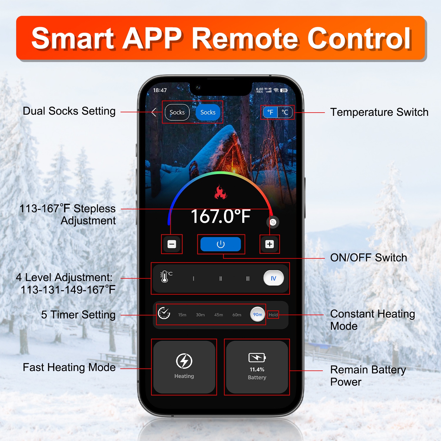 2 Opciones de Tipo - 1 Par de Calcetines Térmicos para Hombre y Mujer, Calcetines Eléctricos Calefactables con Control por APP, Batería Recargable de 5000mAh, Calcetines Térmicos de Invierno para Esquí, Senderismo, Camping y Caza — imagen 3