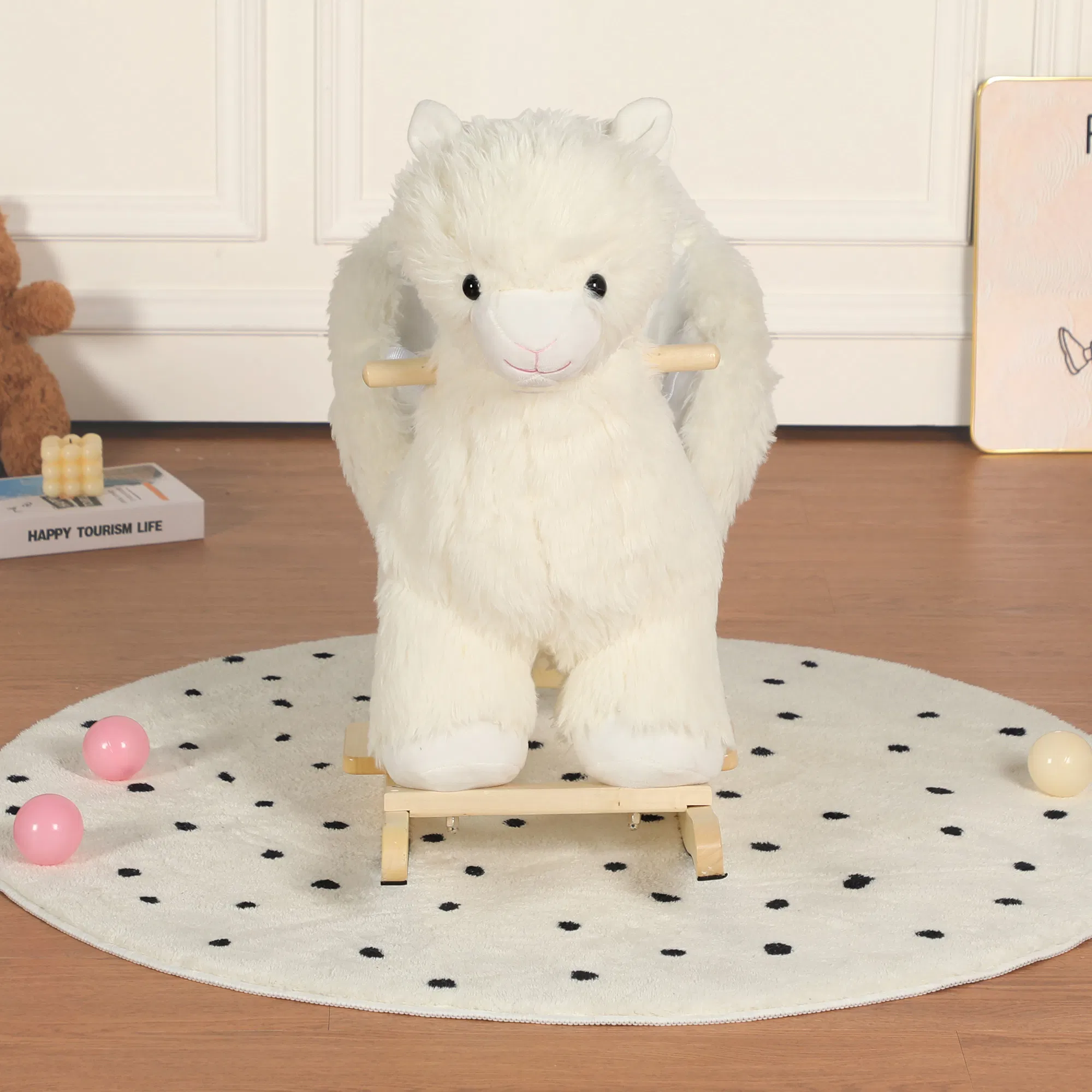 Kids Ride-On Rocking Horse Toy with Lullaby Song, Alpaca Rocking Toy with Hand Puppets and Safety Belt For Children 1-3 Years, Soft Plush Fabric, White, CPC Certified — image 1