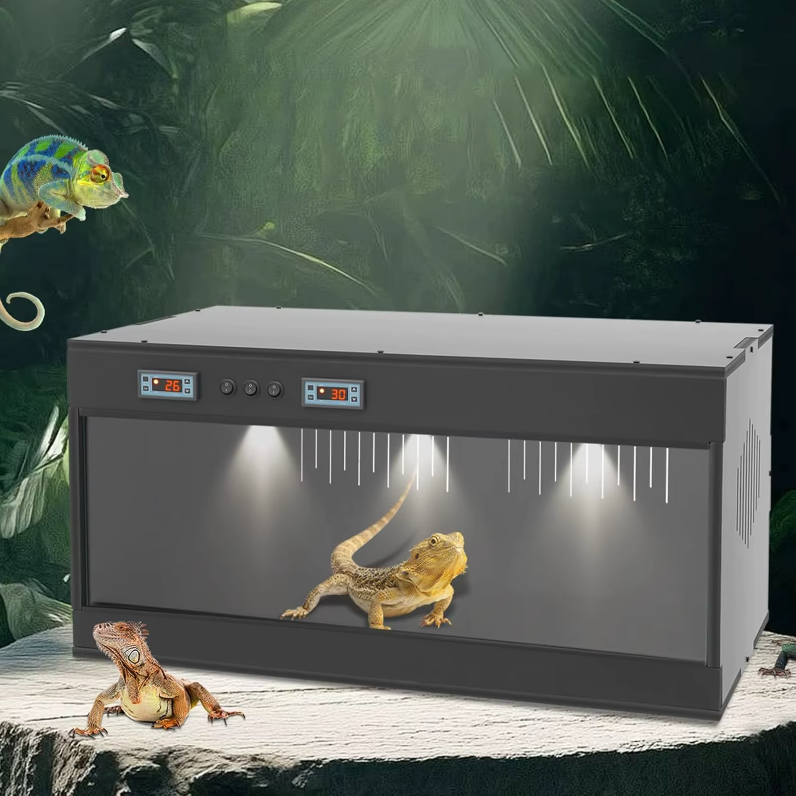 Tanque de PVC para Reptiles Grande, 31.5x15.8x15.8 con Puerta del Frente y Controlador de Temperatura Doble para Serpientes Terrario para Camaleones Lagartos Serpientes con Caja de Alimentación con Puerta de Vidrio Deslizante — imagen 3