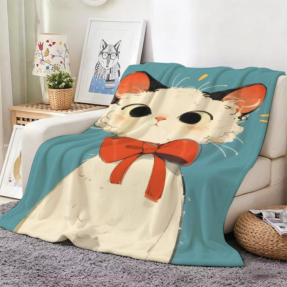 Illustration B-Bow Tie Cats Throw Lightweight 240g Flannel Blanket Soft Skin-friendly for Summer Cooling — image 3