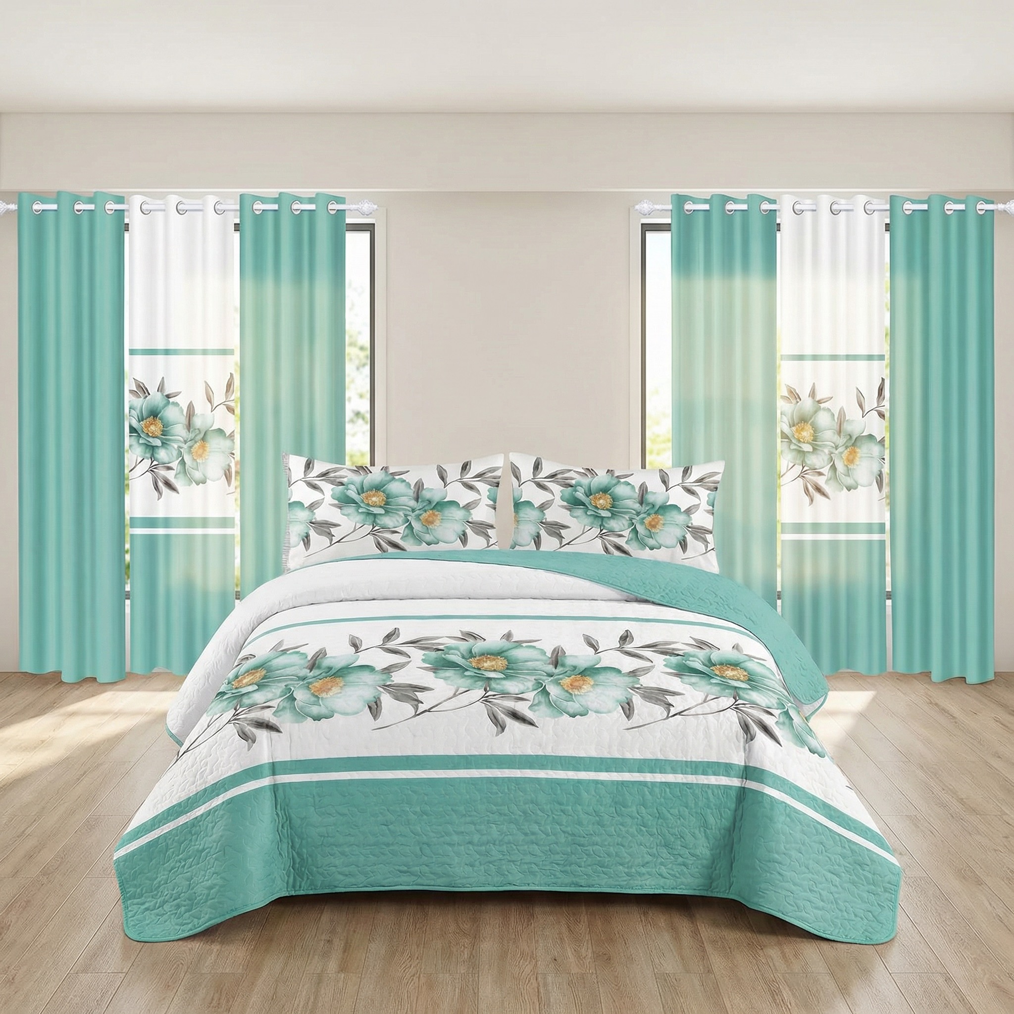 Juego de Edredón y Cortinas Room In A Bag de 9 Piezas, Colcha Gruesa con Estampado Floral Botánico Turquesa de Diseñador de EE. UU. con 6 Paneles de Cortina Personalizables, Cubrecama de Alto GSM Apto para Mascotas — imagen 4