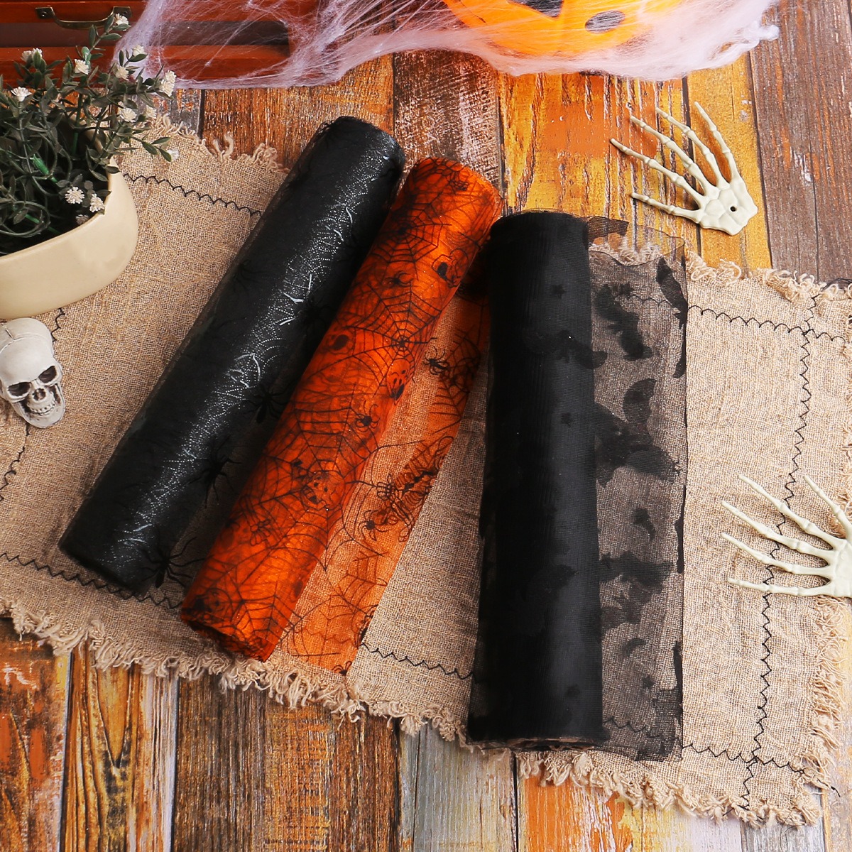 Halloween Bat Spider Web Yarn Roll Meal Mat Ghost Festival Party Table Decoration Mesh Tablecloth Table Banner — image 7