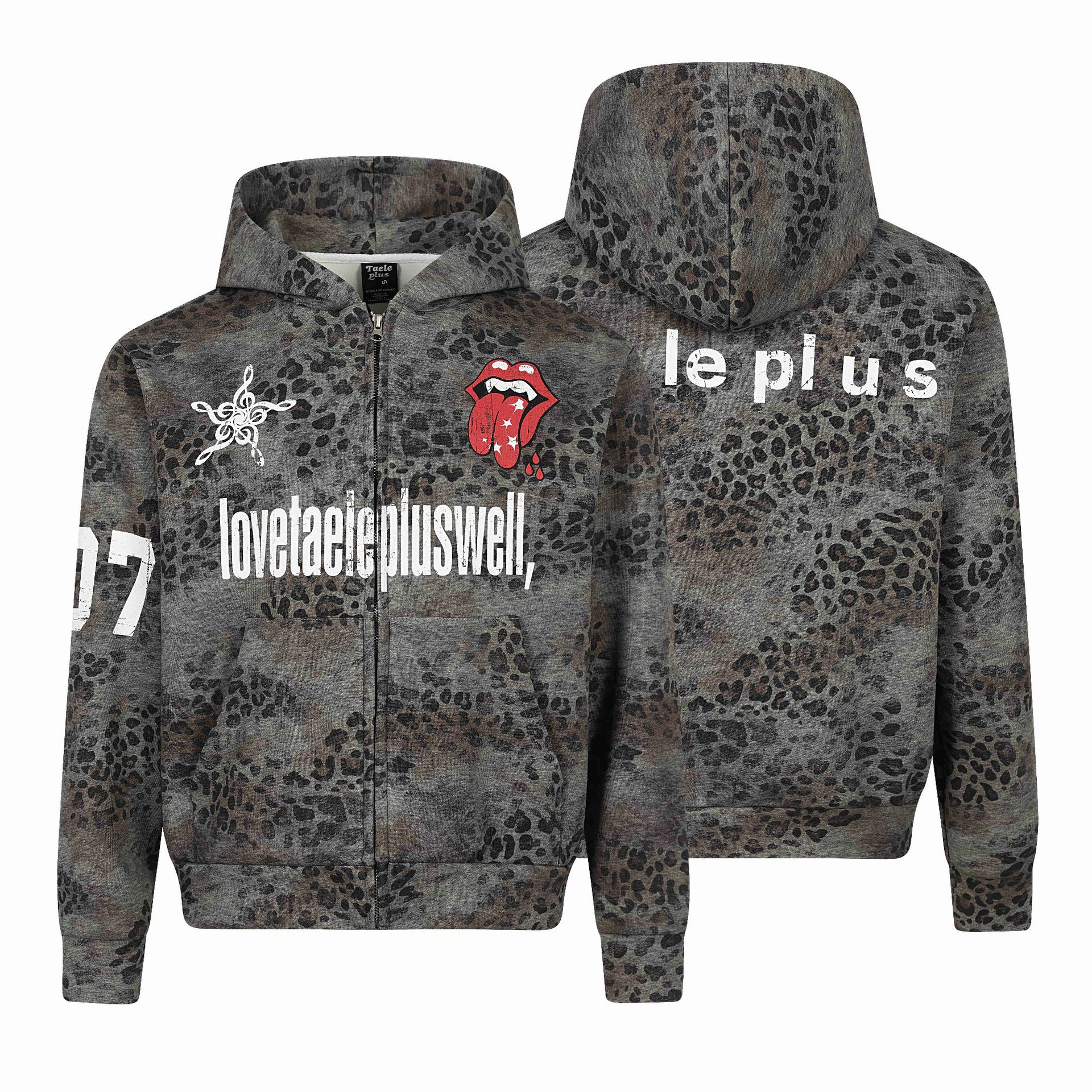Leopard Print Camouflage Long Sleeve Hooded Loose Fit Zipper Front Sweatshirt — image 6