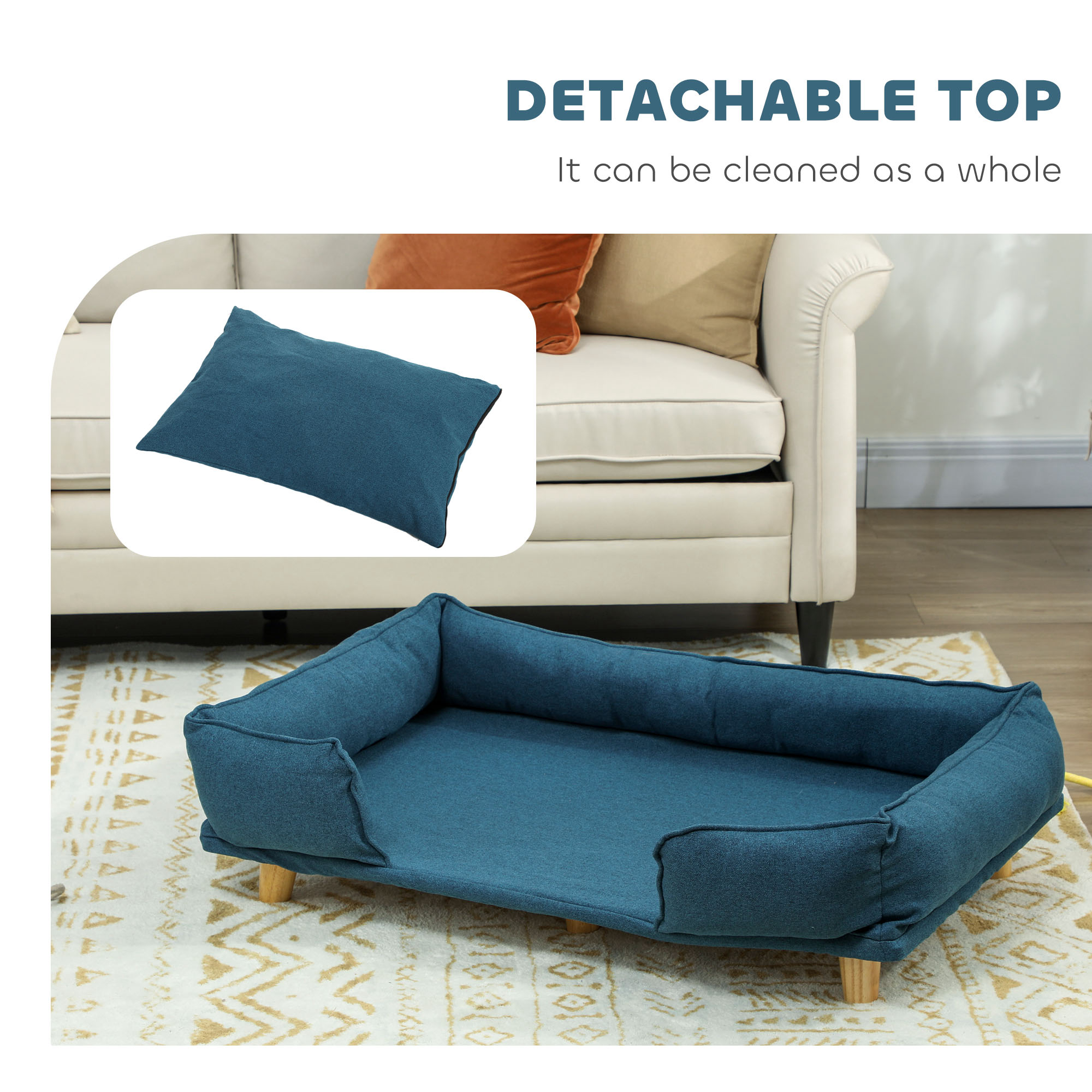 Silla de Perro Elevada con Almohadilla Cómoda, Patas de Madera de Pino, Piezas Antideslizantes para Perros Grandes Uso Interior Azul Oscuro — imagen 6