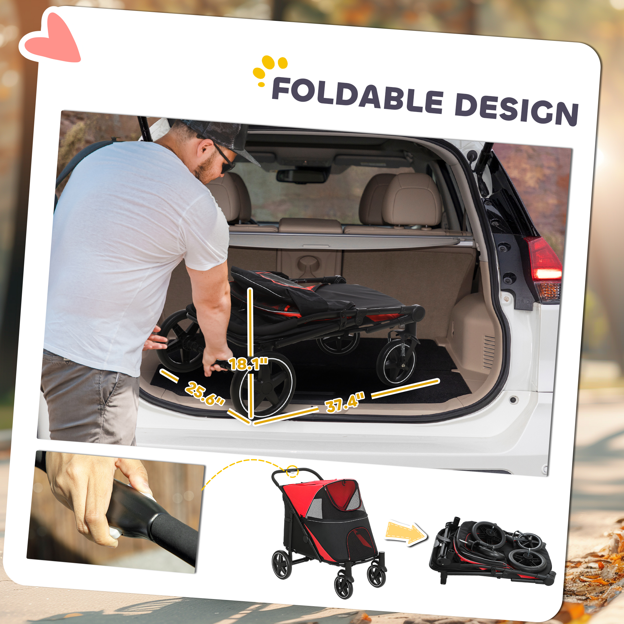 Dog Stroller for Large Medium Small Dogs up to 66 Lbs. 23.5" in Body Length, One-Click Foldable Pet Cat Stroller with Storage, Shock Absorption Wheels, Mesh Window, Safety Leash, Red — image 4