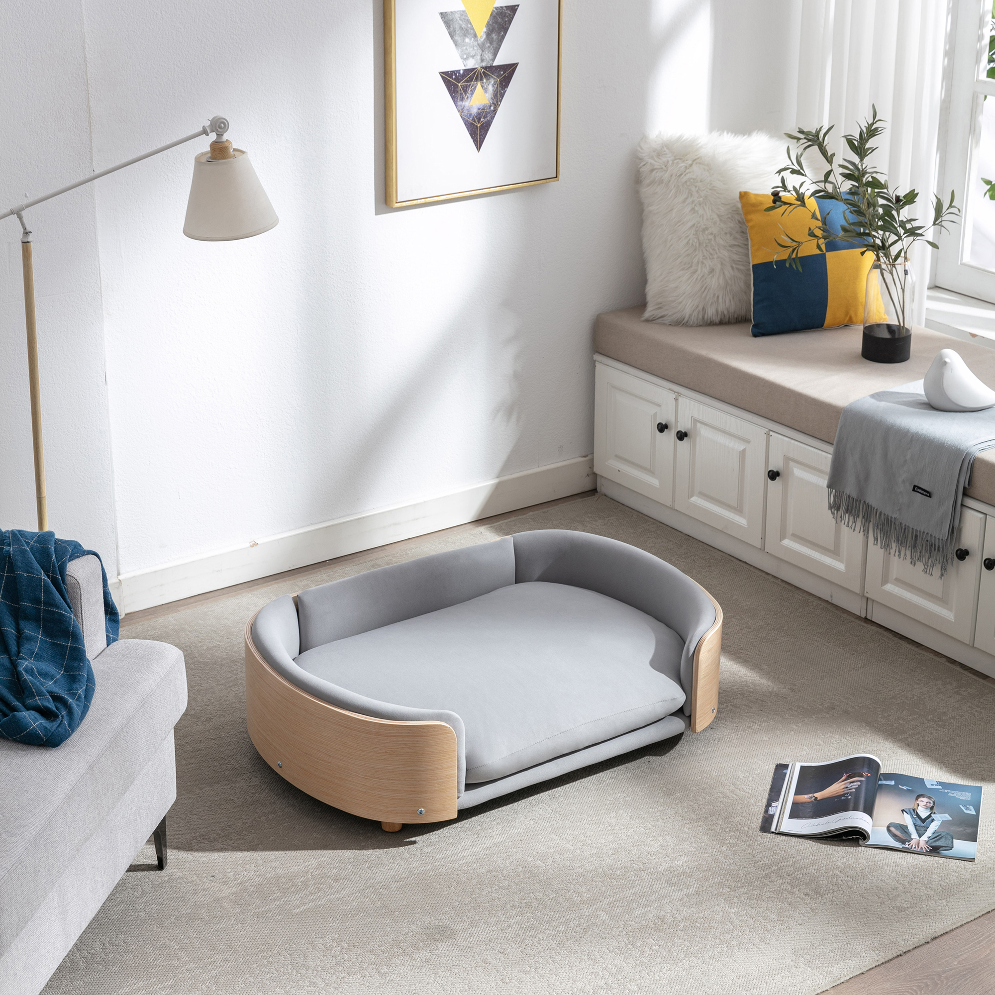 Scandinavian style Elevated Dog Bed Pet Sofa With Solid Wood legs and Bent Wood Back, Velvet Cushion, Large Size — image 22