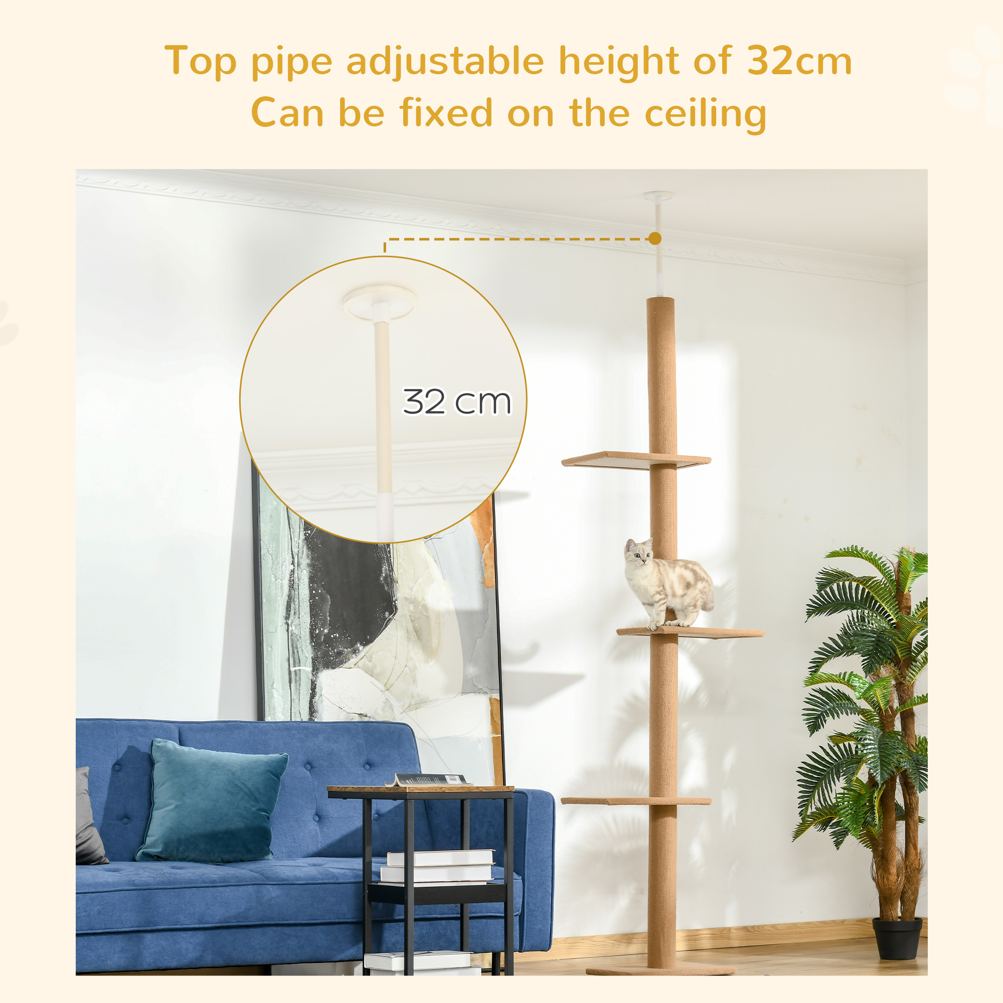 Árbol de Gatos de Piso a Techo con Postes de Rastrillado en Sisal, Centro de Actividad Natural para Gatos, Color Madera — imagen 4