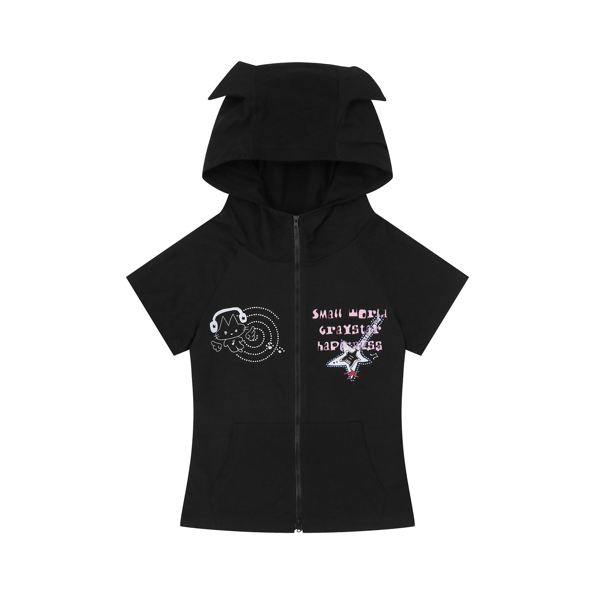 Cute Cat Ear Hoodie Short Sleeve Jacket for Women, Cartoon Guitar Print Slim Fit Top — image 3