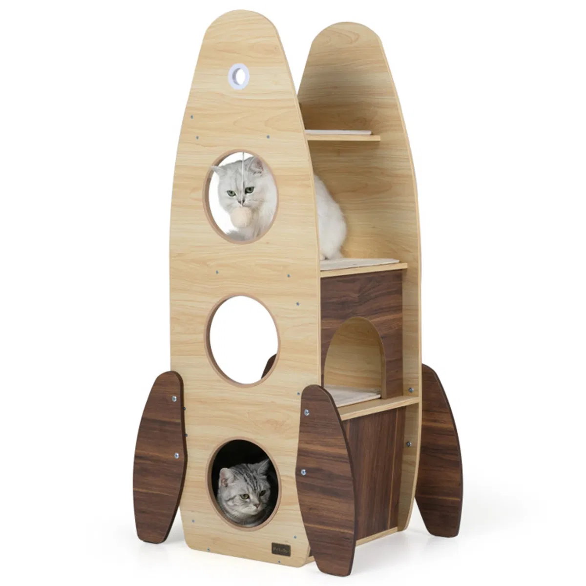 4-Tier Rocket Shape Cat Tree with 2-Tier Condo Sisal Scratch Pad Hanging Pompom Natural+White — image 4